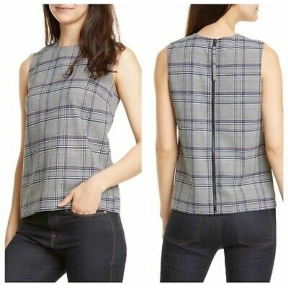 LEWIT top Women size 6 Gray Navy Purple Plaid Back Zip Sleeveless Career Style